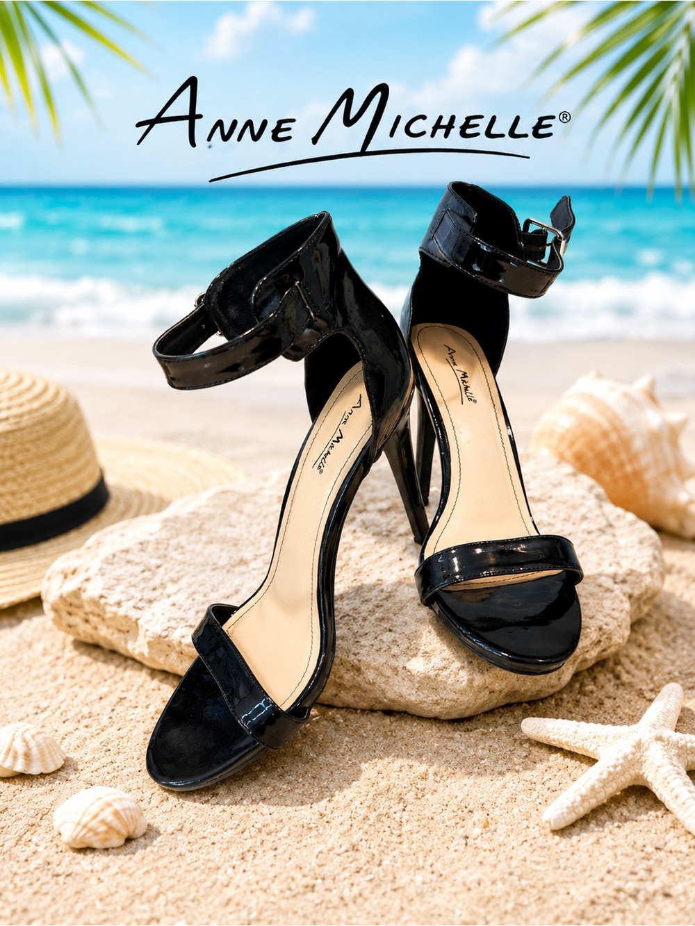 Anne Michelle Black Patent Open-Toe Ankle-Strap Heels Size 10 | 4” heel